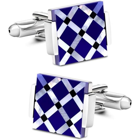 Business Wedding Mother of Pearl Cufflinks for Men Unique Onyx Stripe Tuxedo - Picture 1 of 6